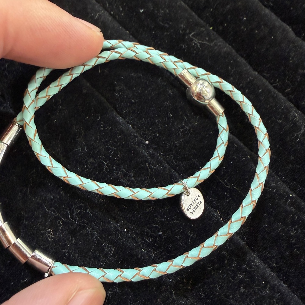 Bottega Veneta Aqua Braided Leather Bracelet with Silver Details